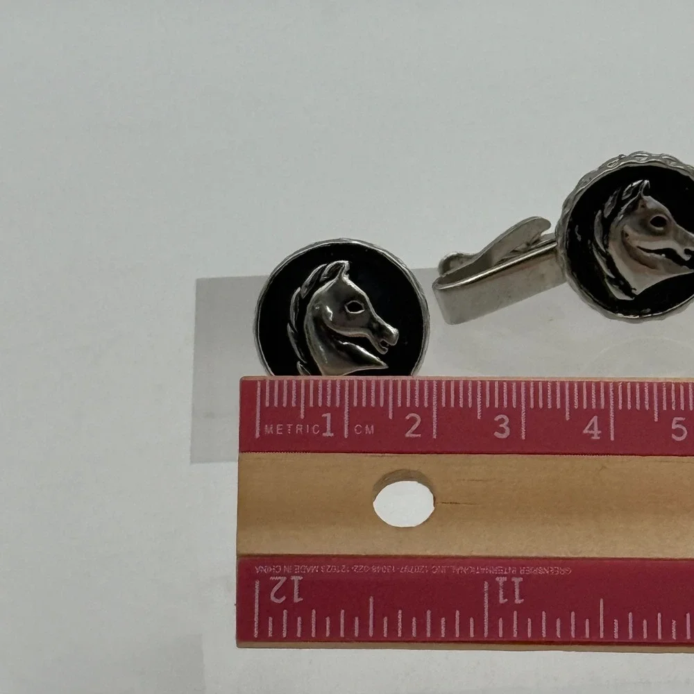 Vintage Silver Tone Horse Head Cufflinks & Tie Clip Set Black Enamel Equestrian